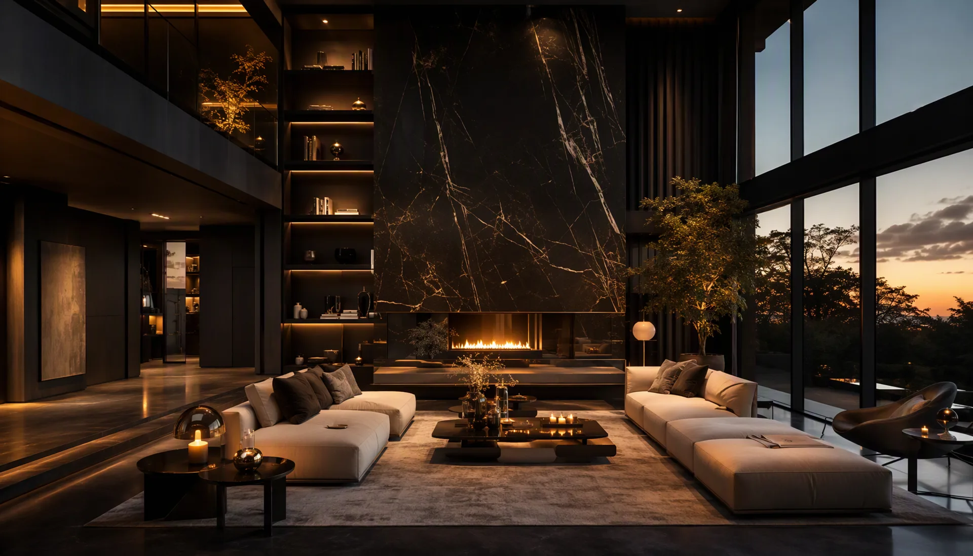 Luxury interior at dusk with warm gold lighting